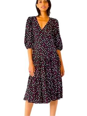Kate Spade Black Polka Dot Midi Dress with Puff Sleeves